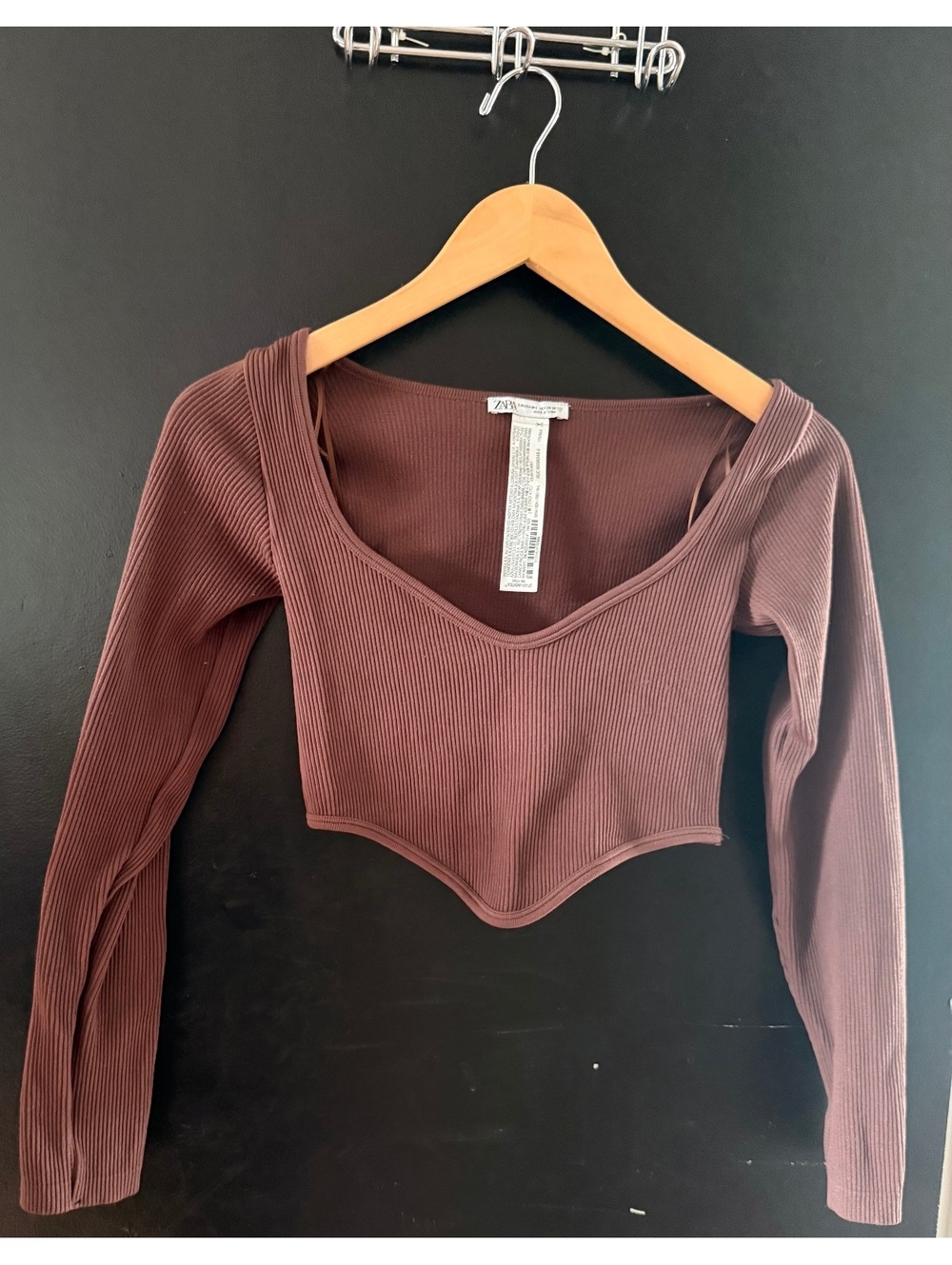 Zara Brown Ribbed Corset Crop Top Long Sleeve Women’s M/L Y2K